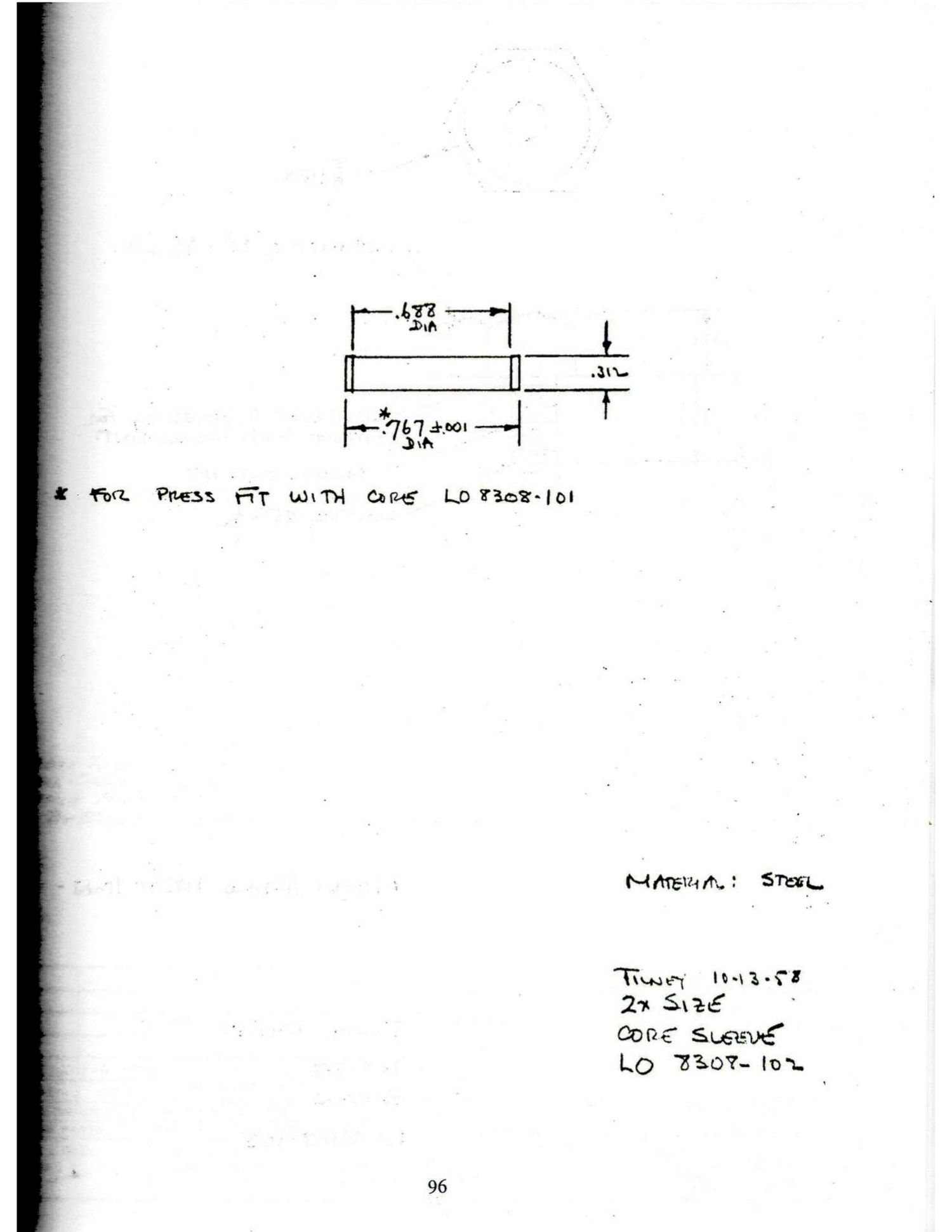 Journal p. 96 / PDF p. 99: LO 8308-102 — Core Sleeve (steel)