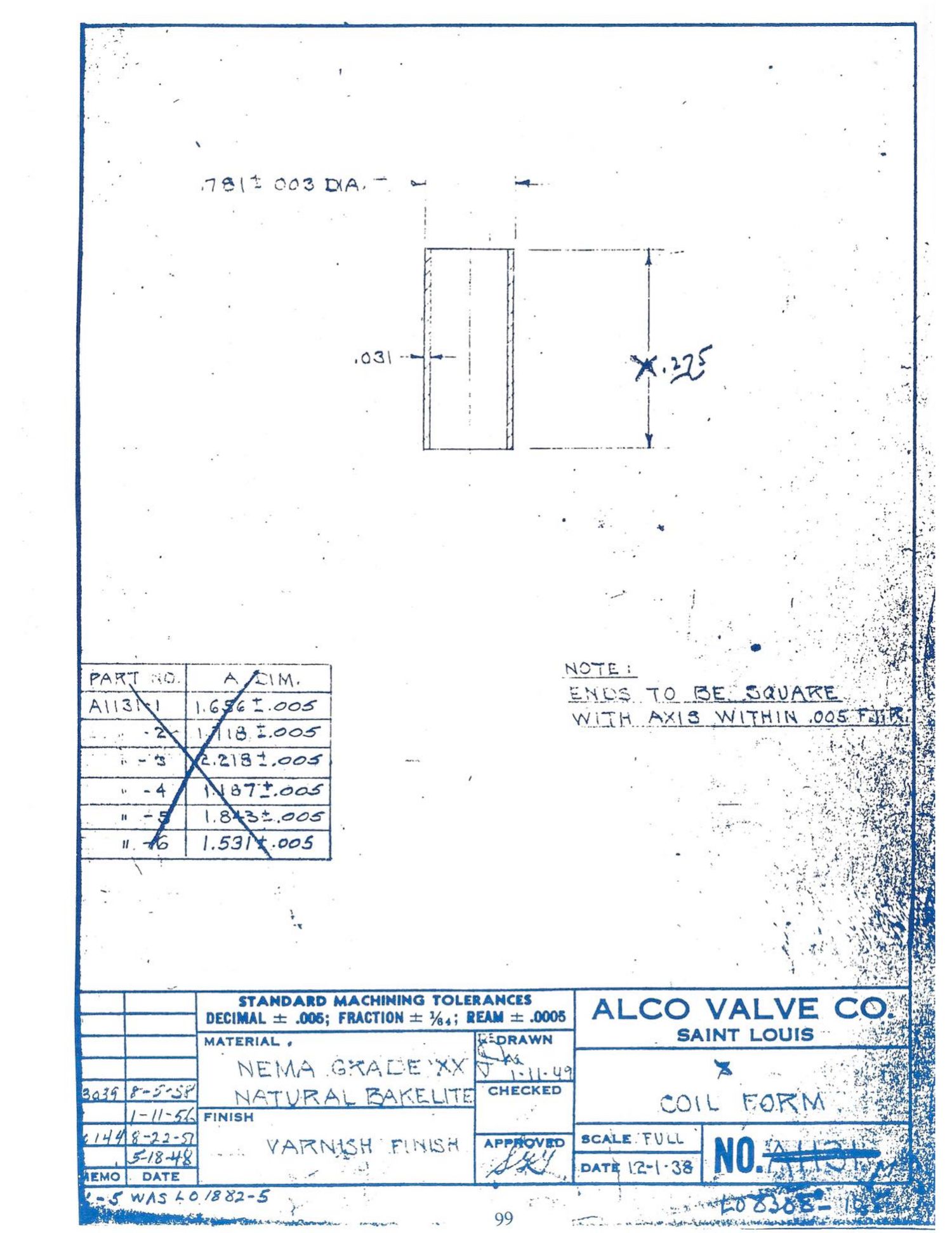 Journal p. 99 / PDF p. 102: LO 8308-105 — Coil Form, medium (bakelite; reused sheet ex-A1131)