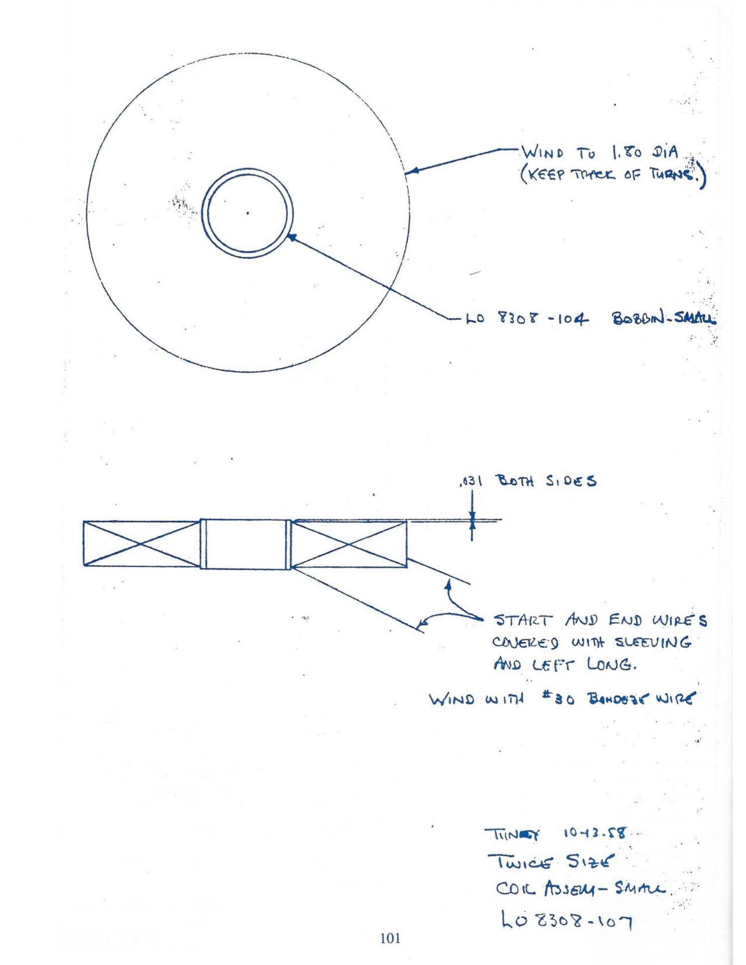 Journal p. 101 / PDF p. 104: LO 8308-107 — Coil Assembly, small (wind to 1.80 dia, #30 Bondeze)