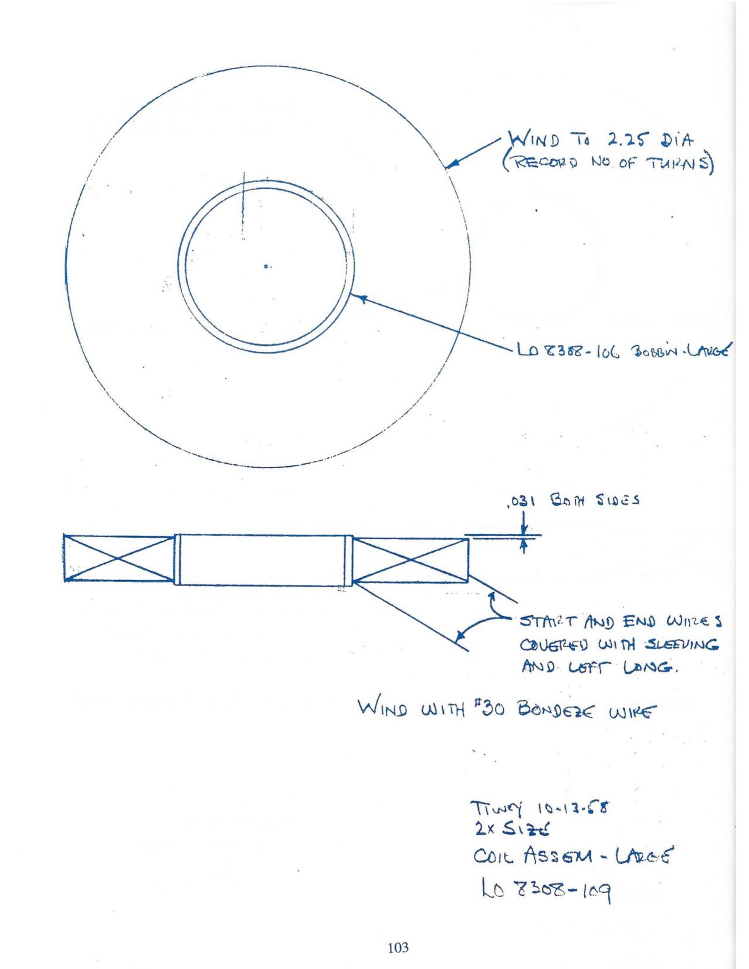 Journal p. 103 / PDF p. 106: LO 8308-109 — Coil Assembly, large (wind to 2.25 dia)